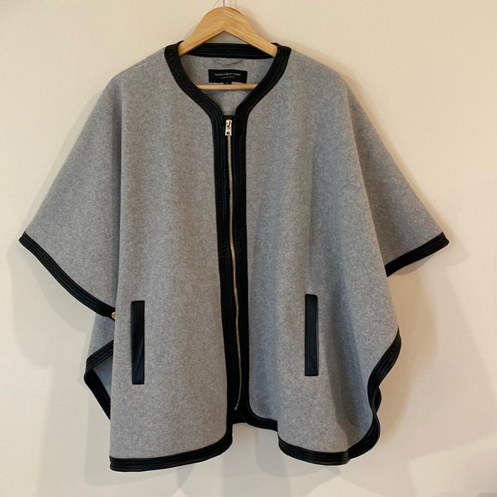 Marc New York Gray Wool Faux Leather Trim Poncho Size Medium Preppy Retro